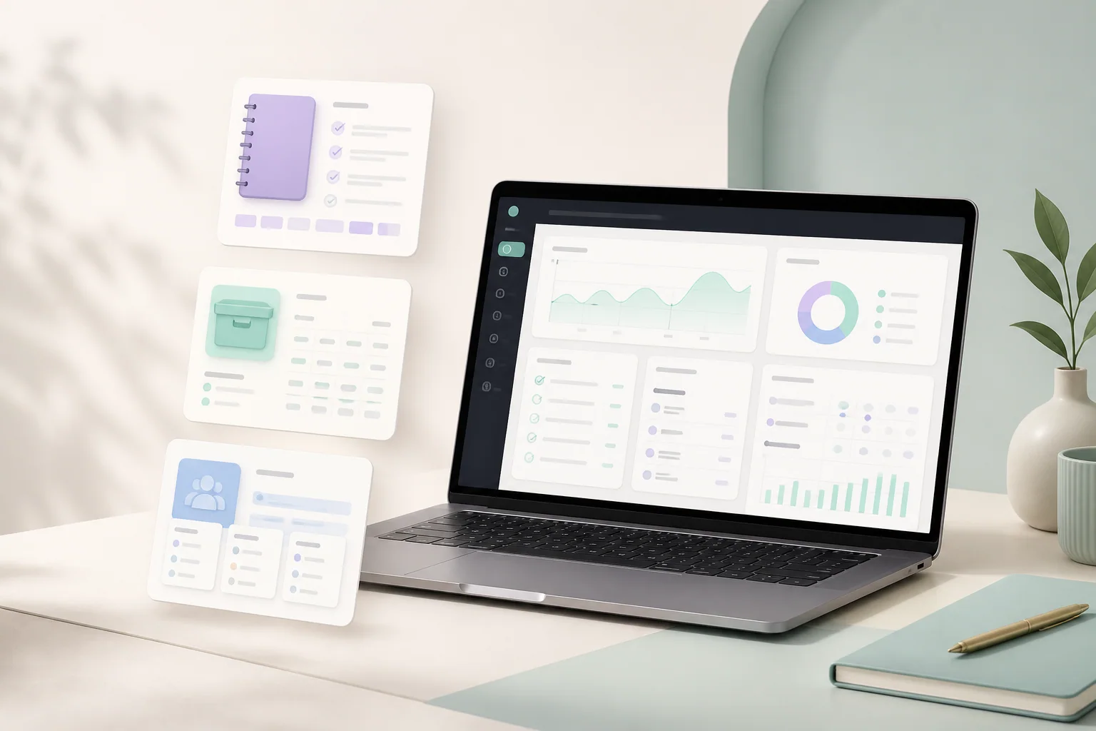 A laptop showing a business dashboard beside planner, inventory, and client-management previews